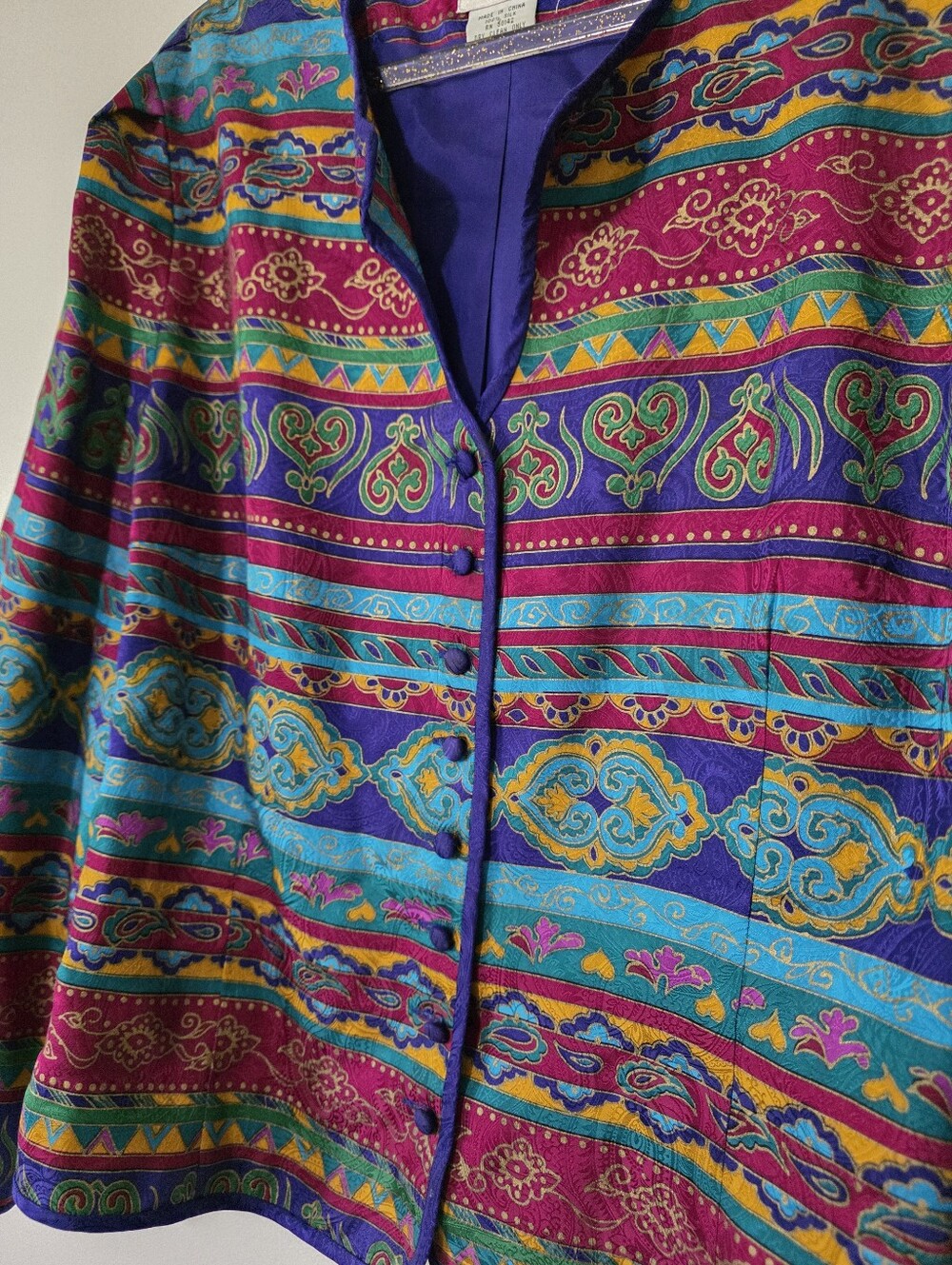 Vintage Maggy London Silk Statement Jacket Jewel Tones Paisley Art To Wear Large